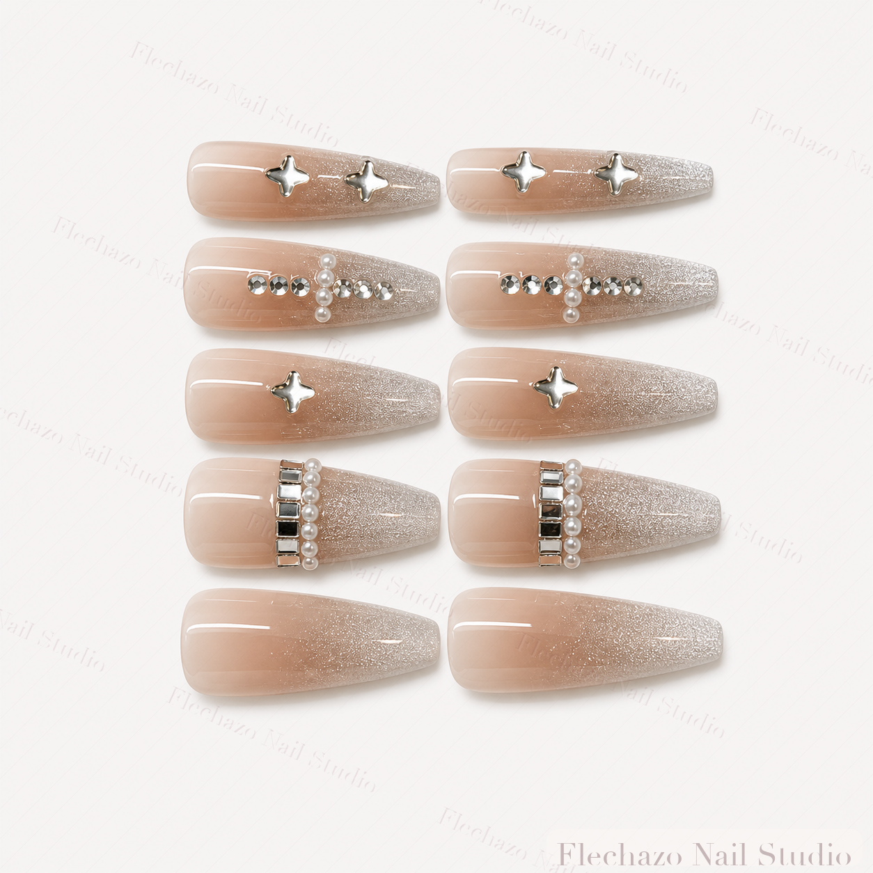 Nude Silver Star Crystal French Press-On Nails handmade press-on nail set, product view