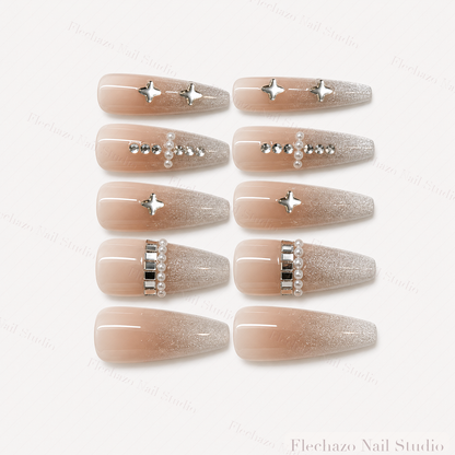 Nude Silver Star Crystal French Press-On Nails handmade press-on nail set, product view