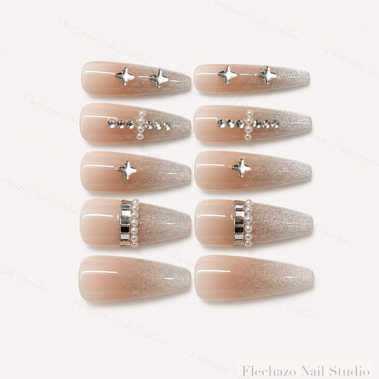 Nude Silver Star Crystal French Press-On Nails handmade press-on nail set, product view