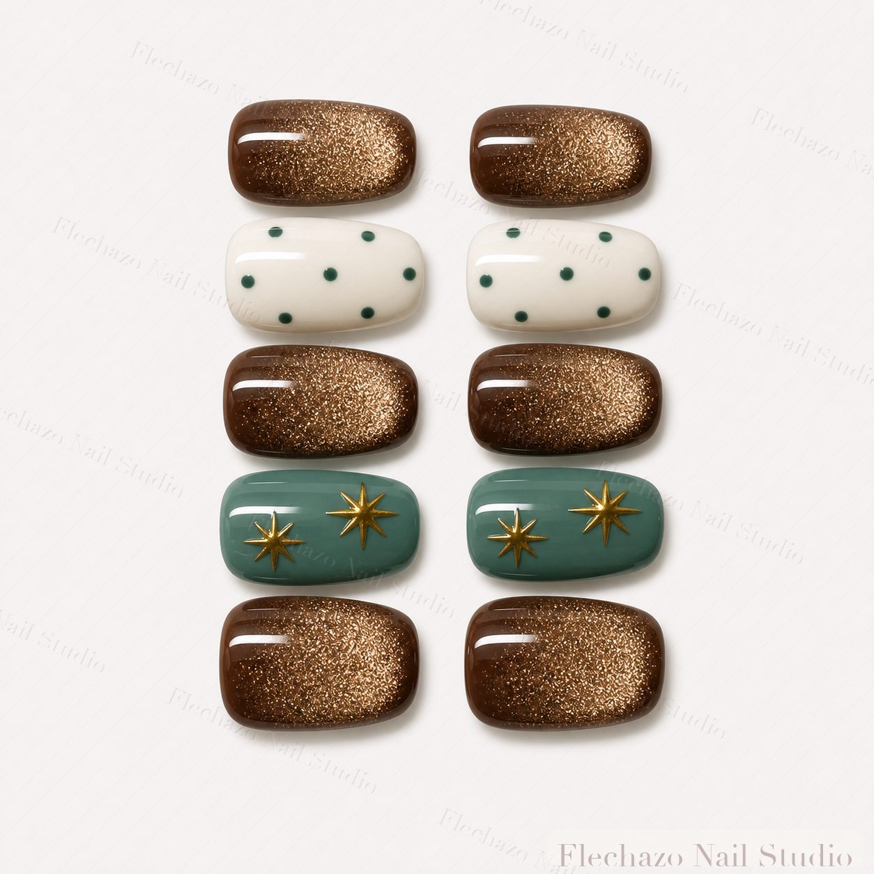 Bronze Shimmer Cream Polka Dots Press-On Nails handmade press-on nail set, product view