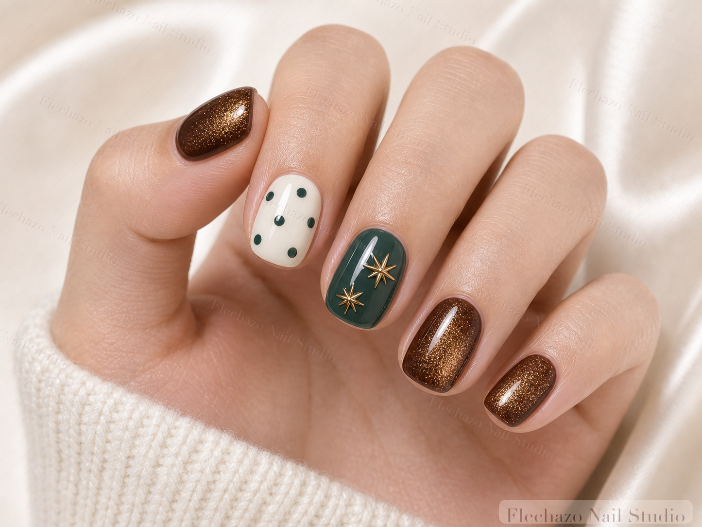 Bronze Shimmer Cream Polka Dots Press-On Nails worn on a model hand