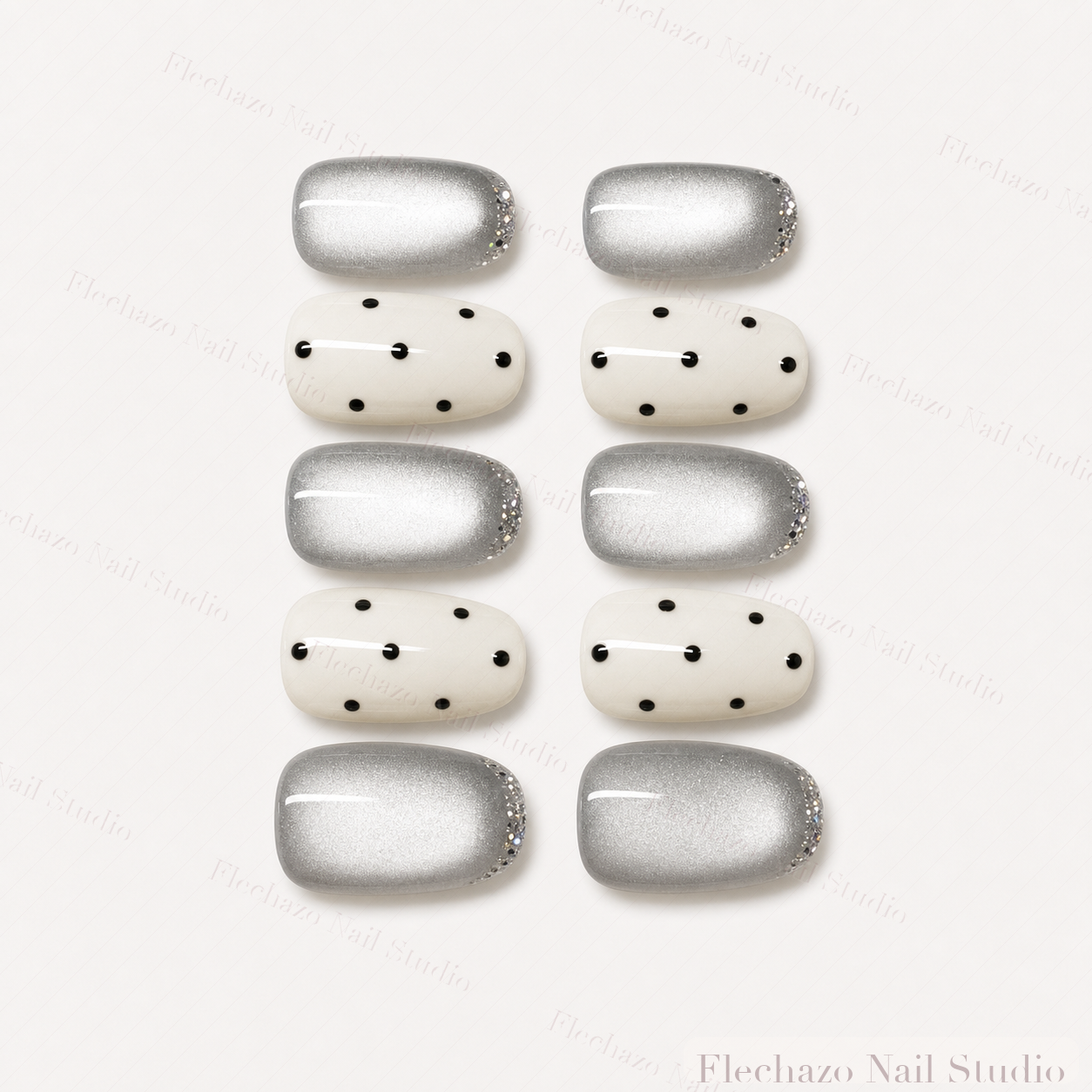 Cat Eye Shimmer Dotted White Press-On Nails handmade press-on nail set, product view