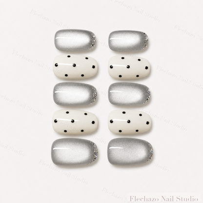 Cat Eye Shimmer Dotted White Press-On Nails handmade press-on nail set, product view