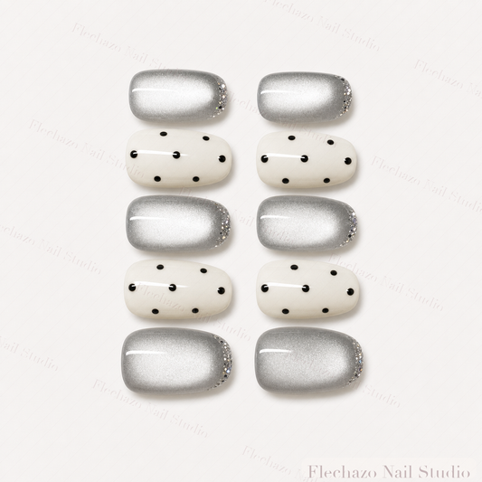 Cat Eye Shimmer Dotted White Press-On Nails handmade press-on nail set, product view