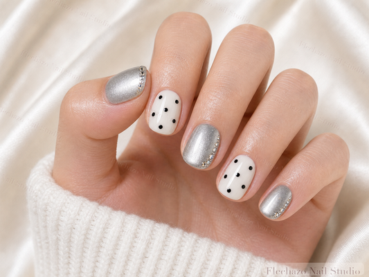 Cat Eye Shimmer Dotted White Press-On Nails worn on a model hand
