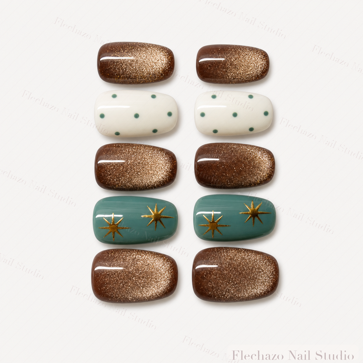 Cream Polka Dot Gold Celestial Press-On Nails handmade press-on nail set, product view
