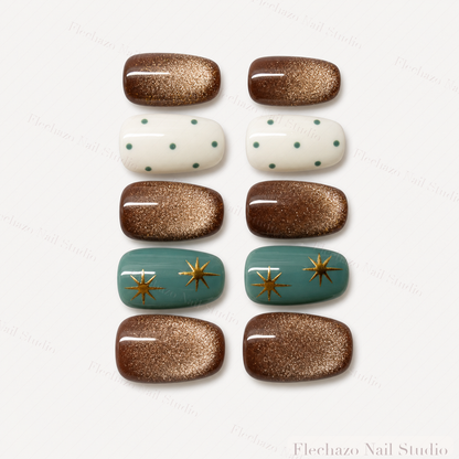 Cream Polka Dot Gold Celestial Press-On Nails handmade press-on nail set, product view