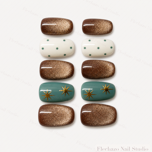 Cream Polka Dot Gold Celestial Press-On Nails handmade press-on nail set, product view
