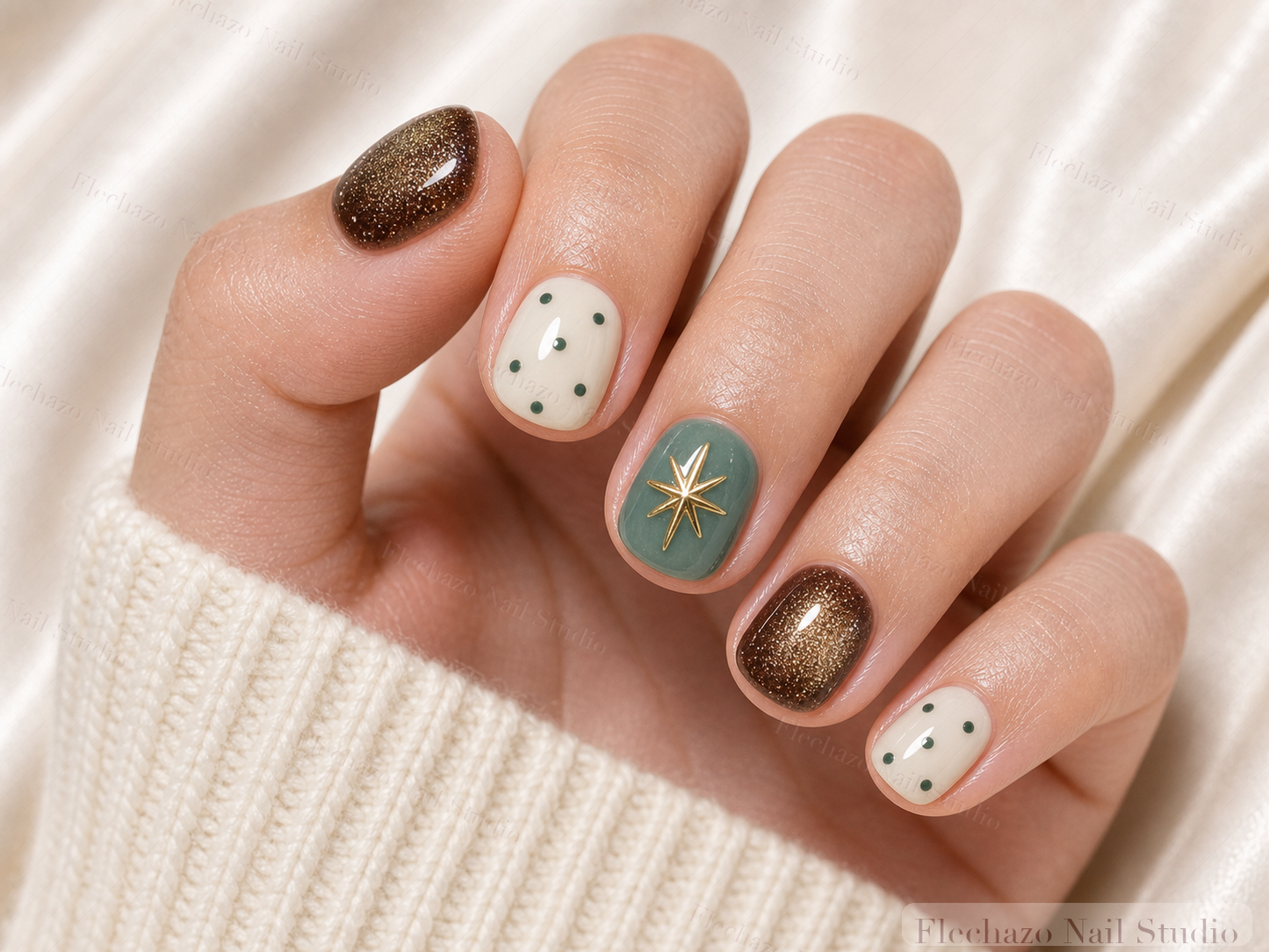 Cream Polka Dot Gold Celestial Press-On Nails worn on a model hand