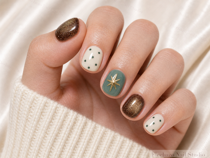Cream Polka Dot Gold Celestial Press-On Nails worn on a model hand