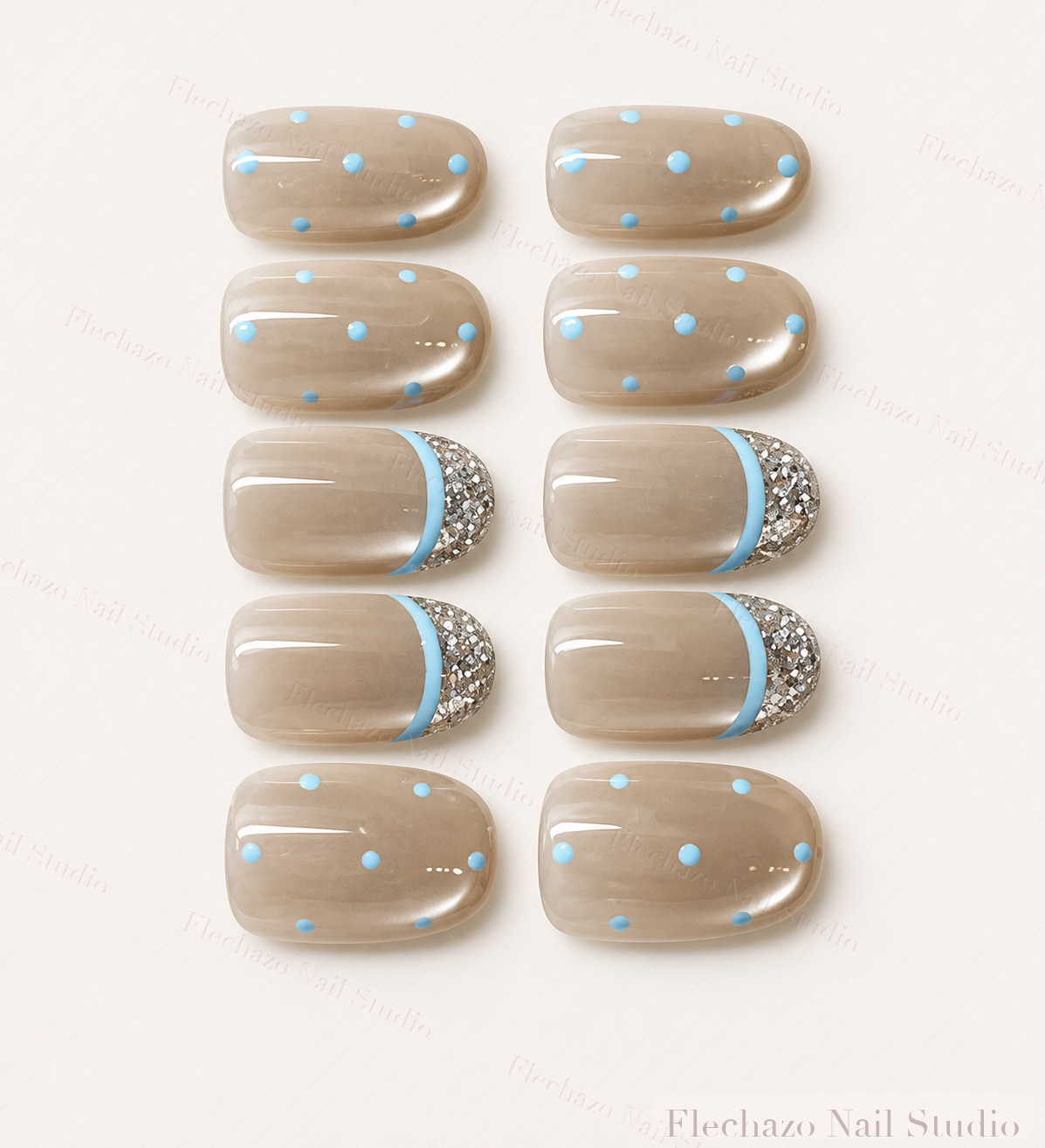Sky Blue Polka Dots Curved Press-On Nails handmade press-on nail set, product view