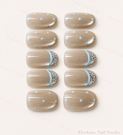 Sky Blue Polka Dots Curved Press-On Nails handmade press-on nail set, product view