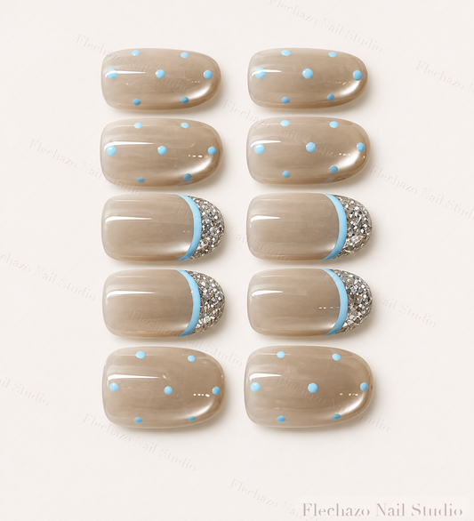 Sky Blue Polka Dots Curved Press-On Nails handmade press-on nail set, product view