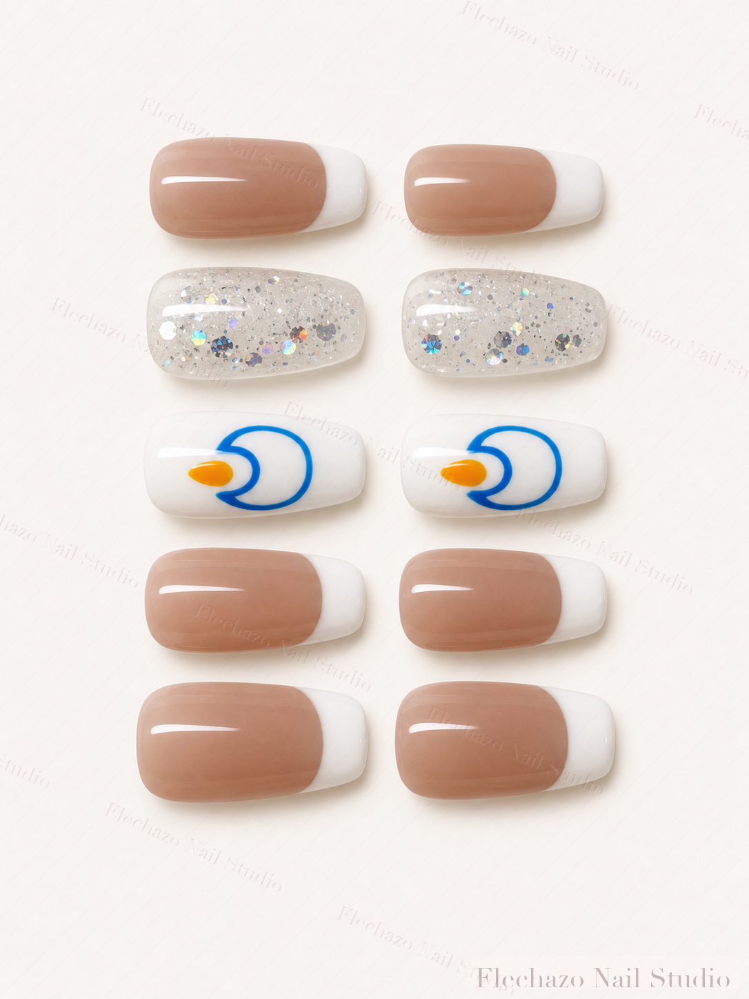 Holographic Glitter Flakes Blue Curved Press-On Nails handmade press-on nail set, product view