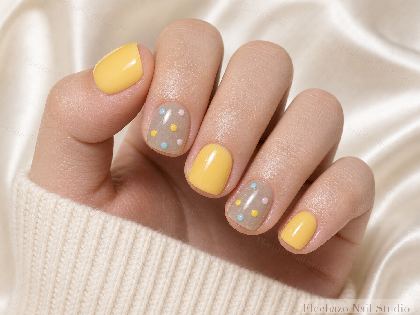 Raised Multicolor Dot Smooth Gel Press-On Nails worn on a model hand
