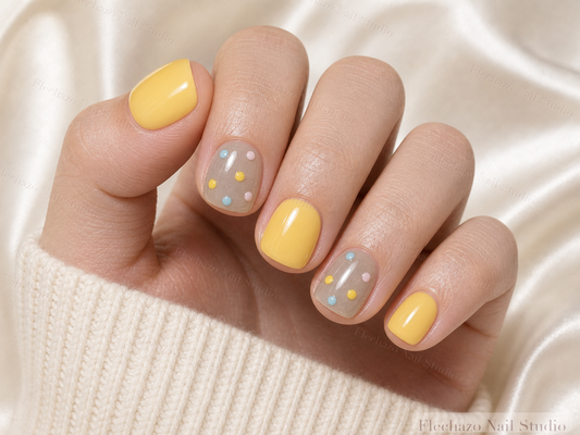 Raised Multicolor Dot Smooth Gel Press-On Nails worn on a model hand