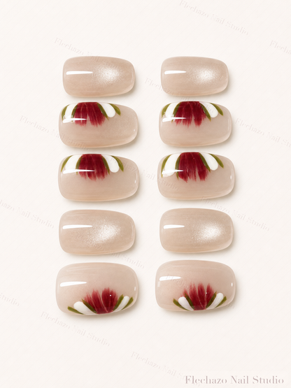 Champagne Shimmer Hand Painted Red Press-On Nails handmade press-on nail set, product view