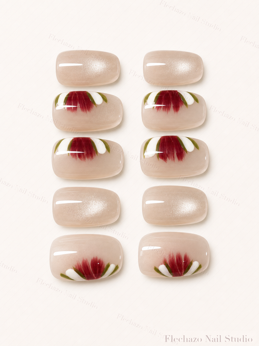 Champagne Shimmer Hand Painted Red Press-On Nails handmade press-on nail set, product view