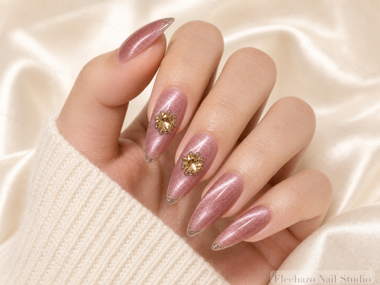 Burgundy Depth Fine Shimmer Glittered Press-On Nails worn on a model hand