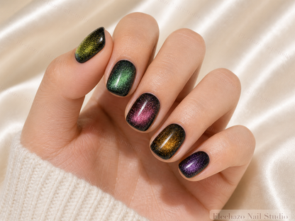 Shifting Green Gold Pink Purple Press-On Nails worn on a model hand