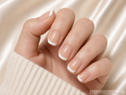 Translucent Nude Crisp Diagonal White Press-On Nails worn on a model hand