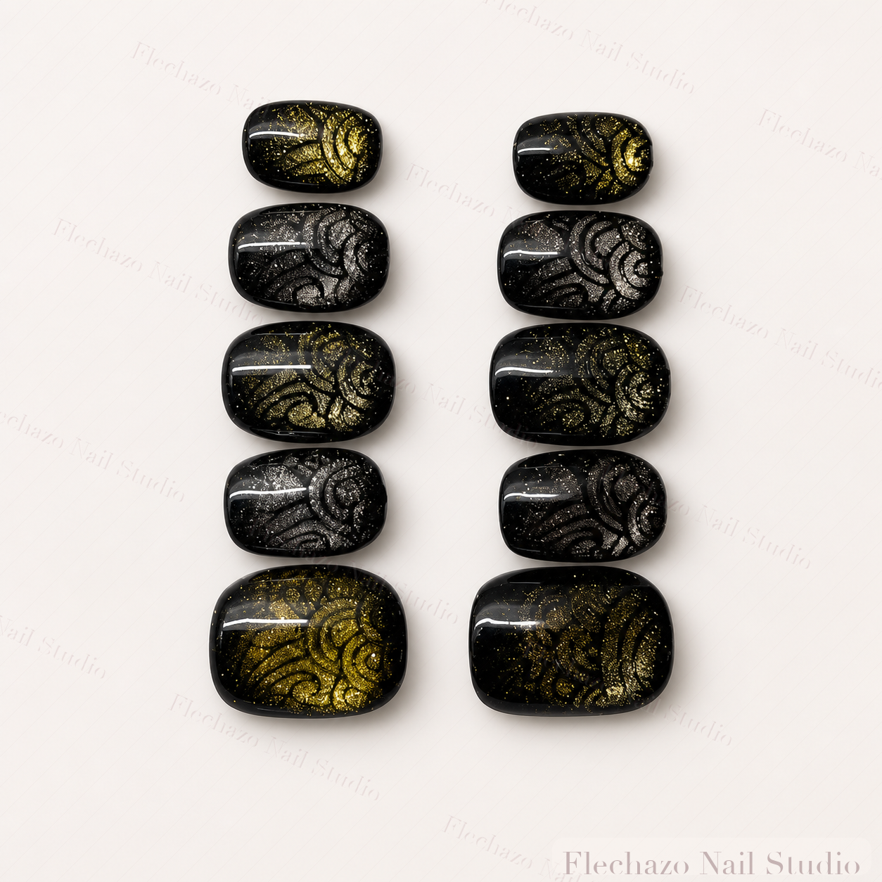 Metallic Gold Olive Shimmer Raised Press-On Nails handmade press-on nail set, product view