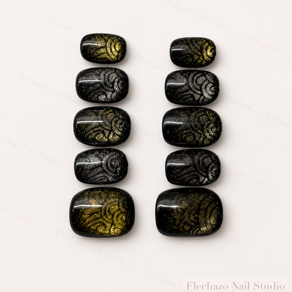 Metallic Gold Olive Shimmer Raised Press-On Nails handmade press-on nail set, product view