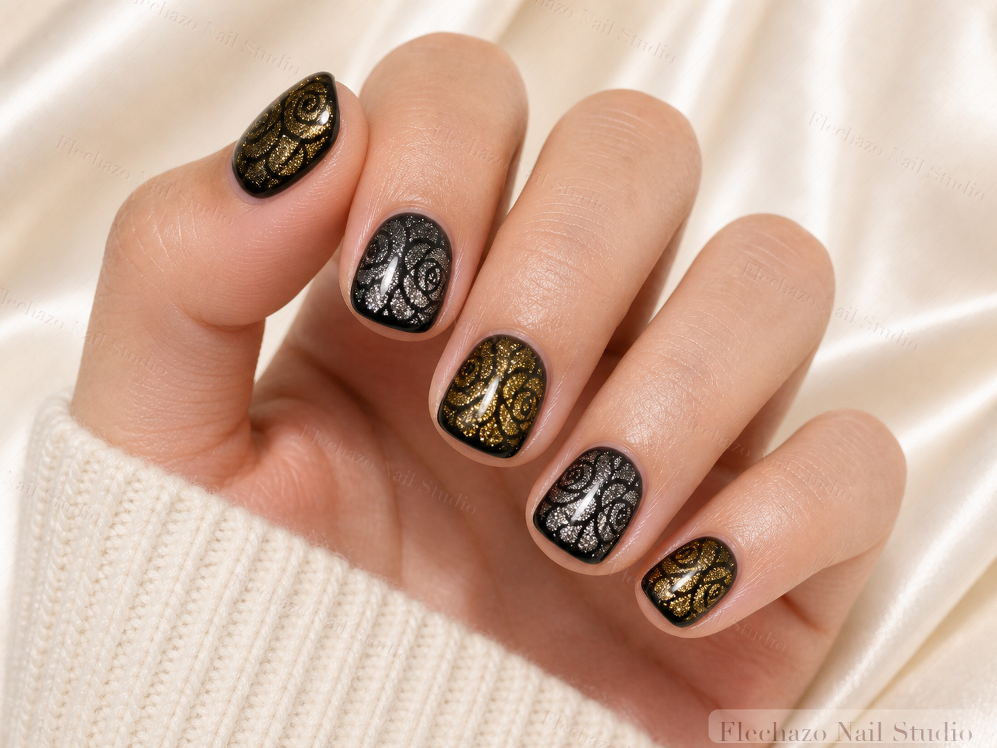 Metallic Gold Olive Shimmer Raised Press-On Nails worn on a model hand