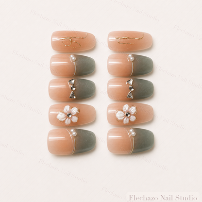 Gold Line Art Pearls Rhinestones Press-On Nails handmade press-on nail set, product view