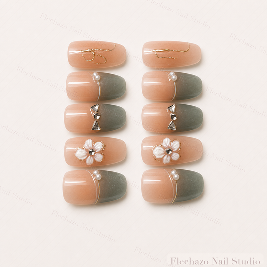 Gold Line Art Pearls Rhinestones Press-On Nails handmade press-on nail set, product view
