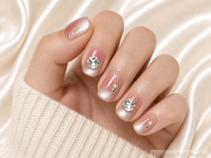 Silver Magnetic Shimmer Gradients Crystal Press-On Nails worn on a model hand