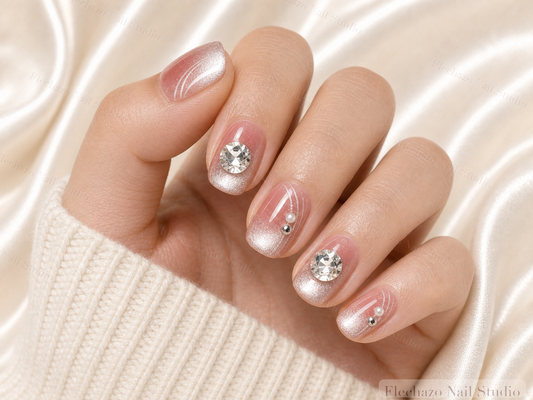 Silver Magnetic Shimmer Gradients Crystal Press-On Nails worn on a model hand