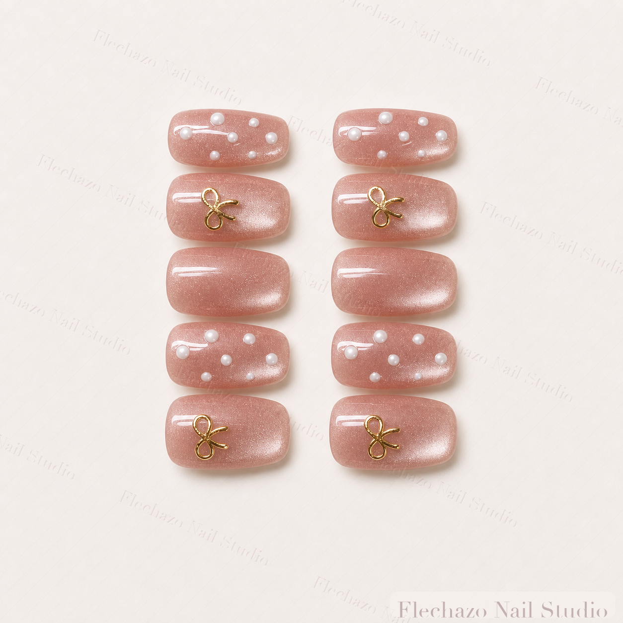 Raised Pearl Dot Gold Bow Press-On Nails handmade press-on nail set, product view