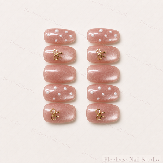 Raised Pearl Dot Gold Bow Press-On Nails handmade press-on nail set, product view
