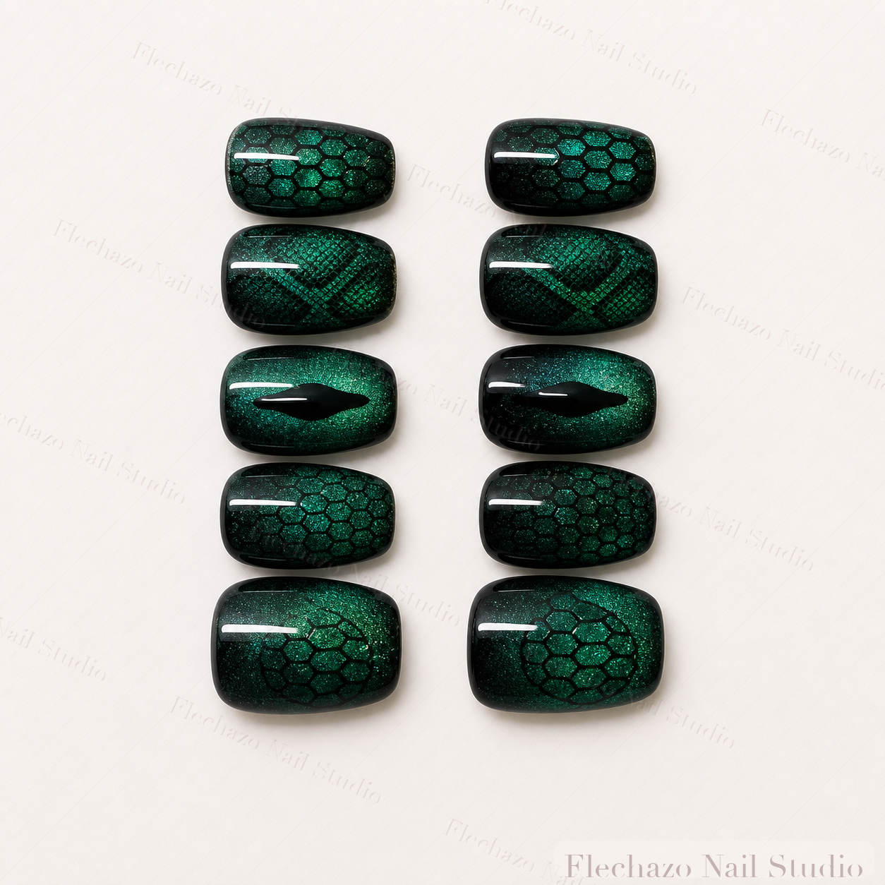 Magnetic Shimmer Dark Scale Pattern Press-On Nails handmade press-on nail set, product view