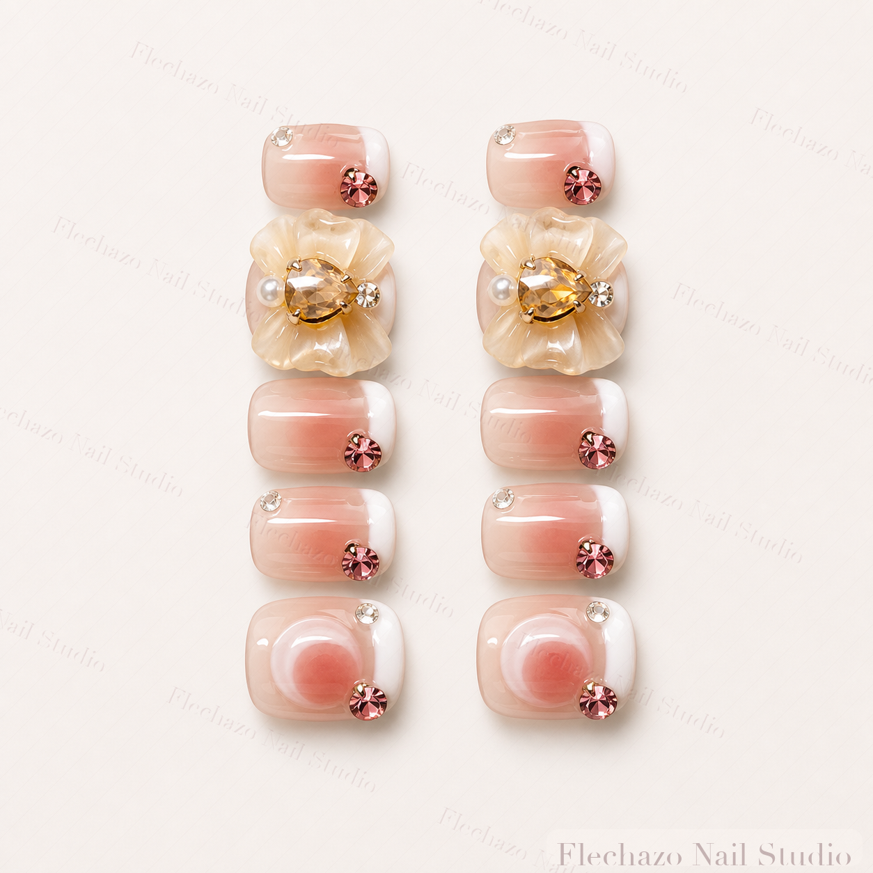 Pink Rhinestones Raised Cream Floral Press-On Nails handmade press-on nail set, product view