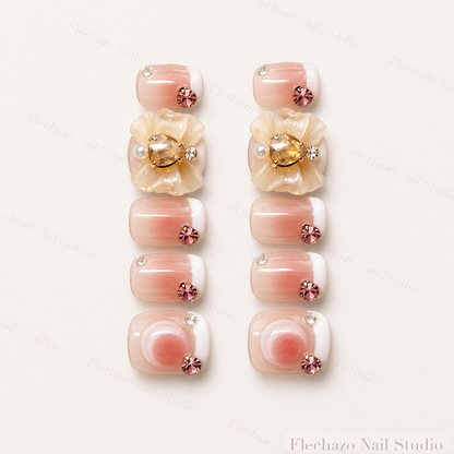 Pink Rhinestones Raised Cream Floral Press-On Nails handmade press-on nail set, product view