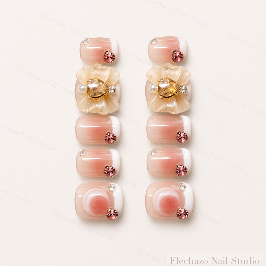 Pink Rhinestones Raised Cream Floral Press-On Nails handmade press-on nail set, product view