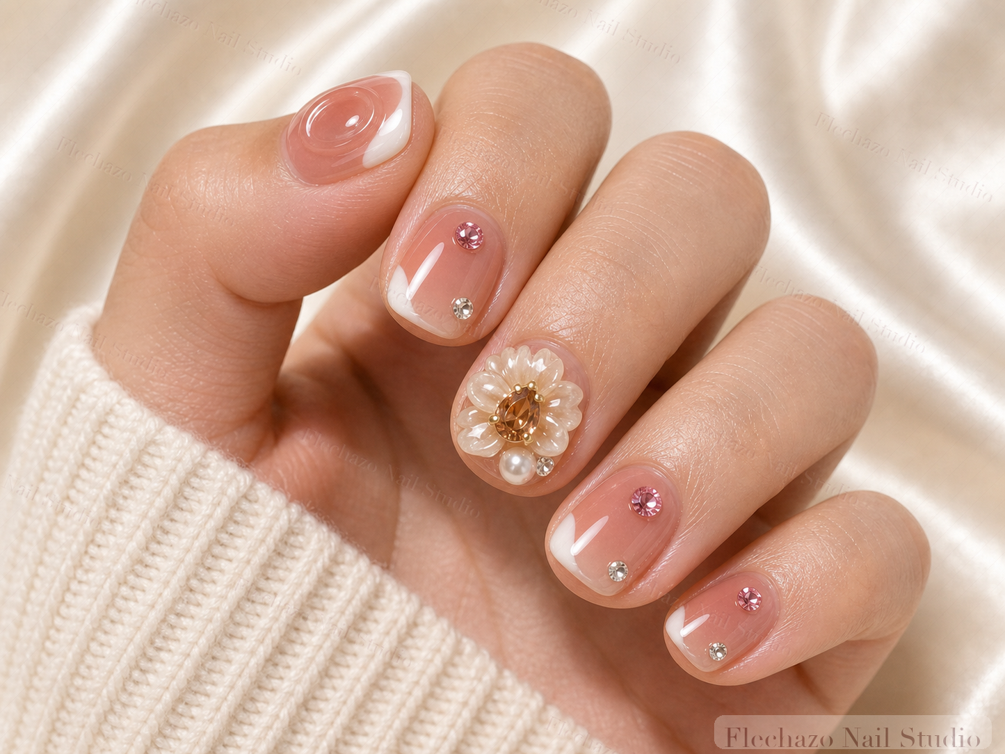 Pink Rhinestones Raised Cream Floral Press-On Nails worn on a model hand