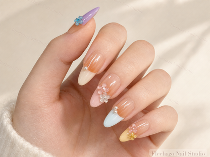 Warm Nude Caramel Gradients Soft Press-On Nails worn on a model hand